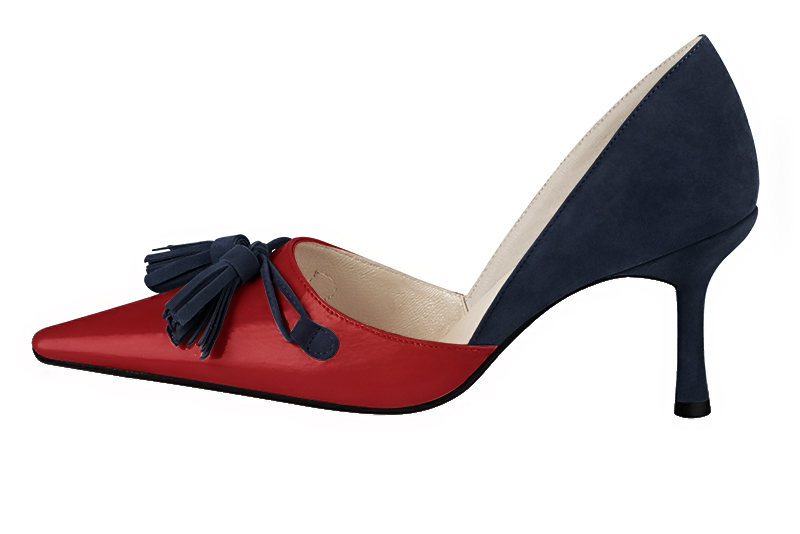 Scarlet red and navy blue women's open arch dress pumps. Pointed toe. High slim heel. Profile view - Florence KOOIJMAN